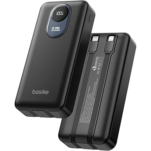 Basike Power Bank, Carregador Portátil Universal 20000mAh, USB-A(até 22.5W)+USB-C(até PD20W), com 2 Cabos Integrados (USB-C, Lightning) Carregamento Rápido, Led Indicador de Bateria