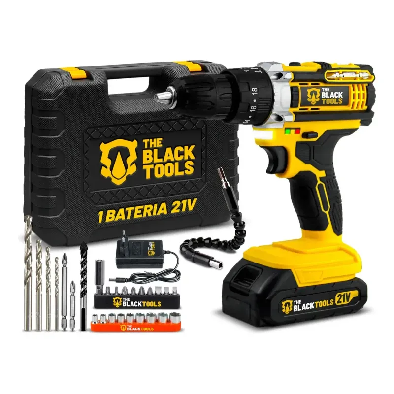 Parafusadeira Furadeira De Impacto The Black Tools Profissional Tb-21px 2 Baterias Com Maleta 60hz Amarelo 127/220v