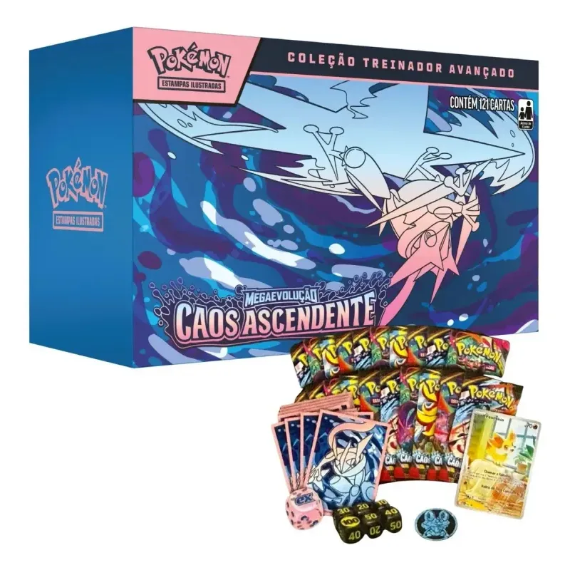 Cartas Pokémon Box Colecionável TCG Coleção Mega Caos Ascendentes com 121 Cards Copag